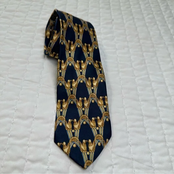 100% Silk Lanvin Paris Designer Blue and Gold Patterned Silk Tie - Picture 2 of 8